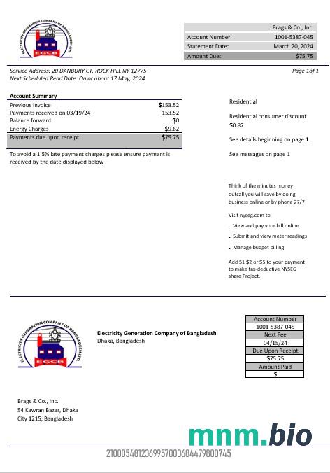 Bangladesz Electricity Generation Company of Bangladesh rachunek za usługi komunalne szablon w formacie Word i PDF